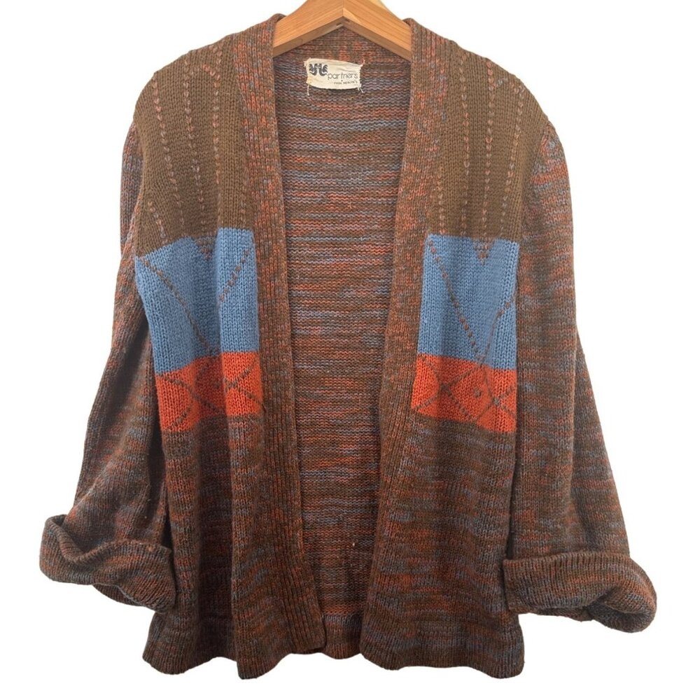 Vintage Partners Mervyns Womens Cardigan Sz M Brown Space-Dyed Argyle 70s Open